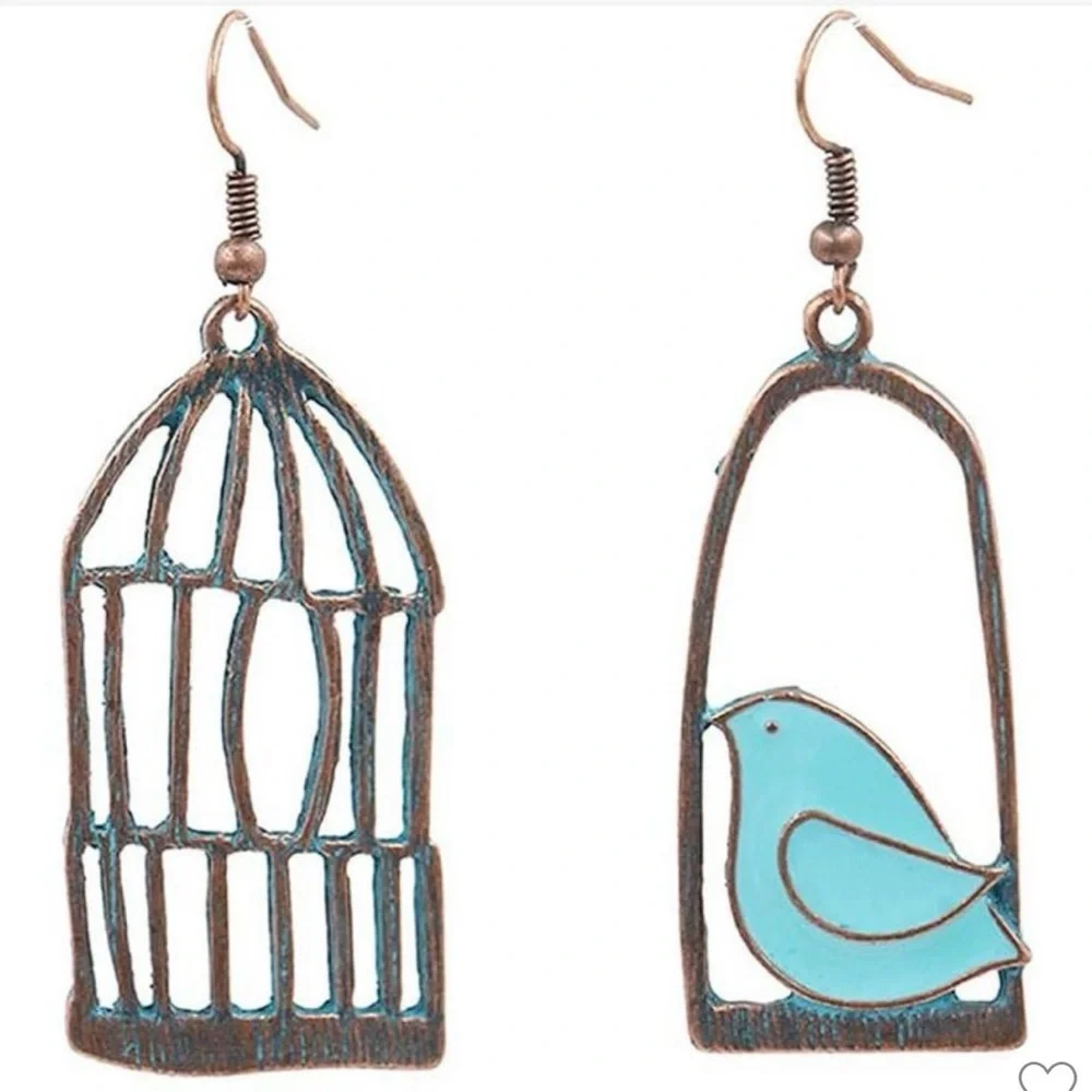 Blue Bird and Cage Asymmetrical Earrings